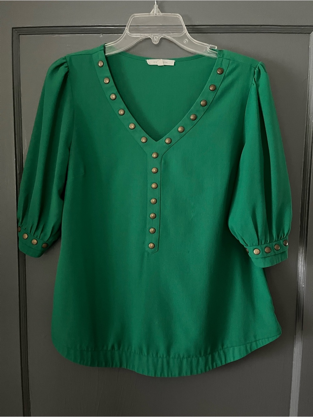 41 Hawthorn Emerald Green V-Neck Puff Sleeve Blouse with Stud Trim